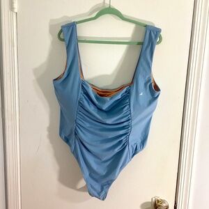 NWT J.CREW PLUS 24W BABY BLUE ONE PIECE SQUIRE NECK SWIMSUIT RUSHED FRONT /BACK